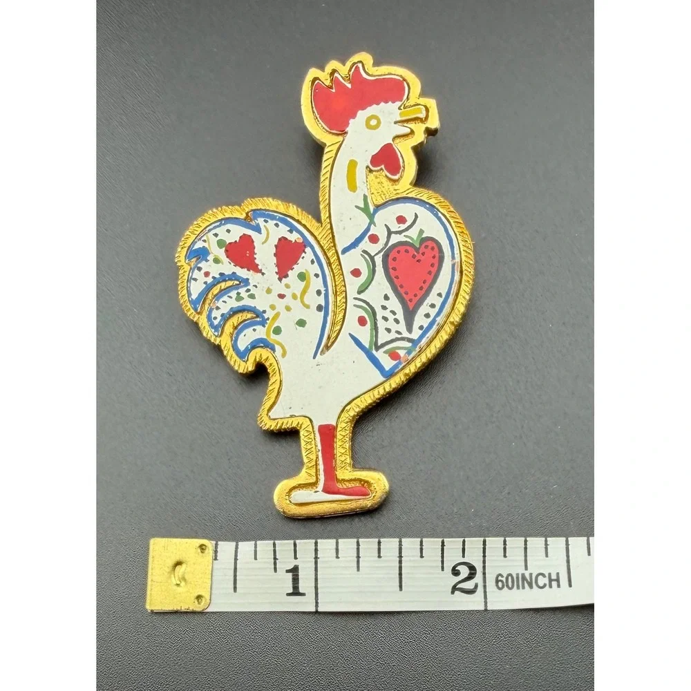 Rooster Brooch White Red‎ Gold Retro Vintage Folk Art Heart Kitsch Cottagecore